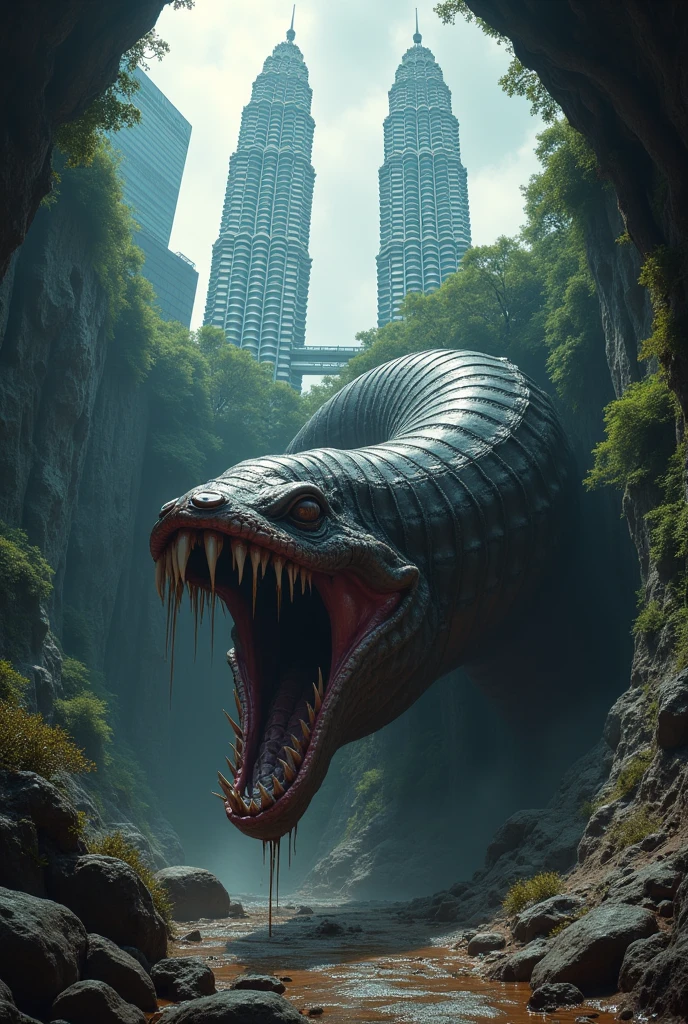 a massive underground death worm creature with huge sharp teeth, wriggling beneath the KLCC towers, detailed anatomy, extremely realistic, highly detailed, dark moody atmosphere, dramatic lighting, cinematic, masterpiece