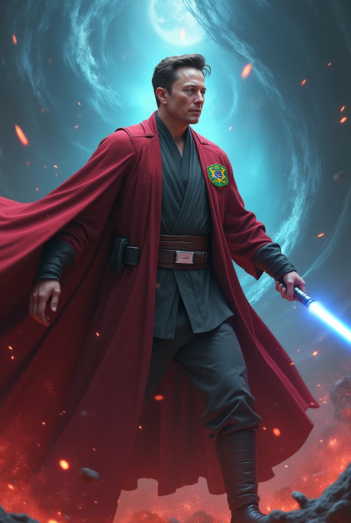Image of Elon Musk wearing a Star Wars obi outfit with a Brazilian patch knocking Voldemort away