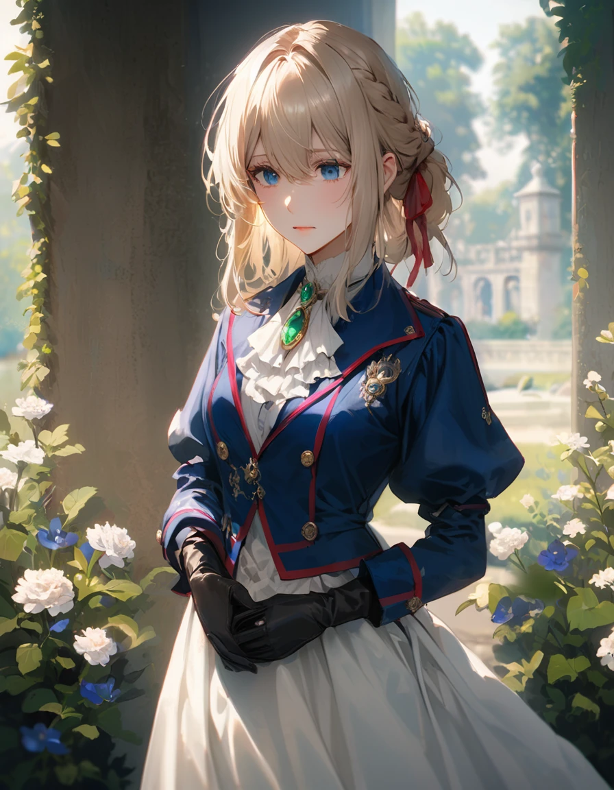 France in the 1890s。The main character of Violet Evergarden has blonde shoulder-length hair with a red ribbon.。She is wearing a classical aristocratic outfit based on ultramarine blue, with a white ribbon on her chest and an emerald necklace in the center.。On both arms, he wears long black leather gloves that reach up to his elbows.。She has very beautiful blue eyes。In the background you can see a slightly blurred French garden.。She always looks sad and lonely。Beautiful and realistic photos.。Walking far away。She is wearing a white flared skirt.。It&#39;s like a painting.。Vivid depiction。animation。