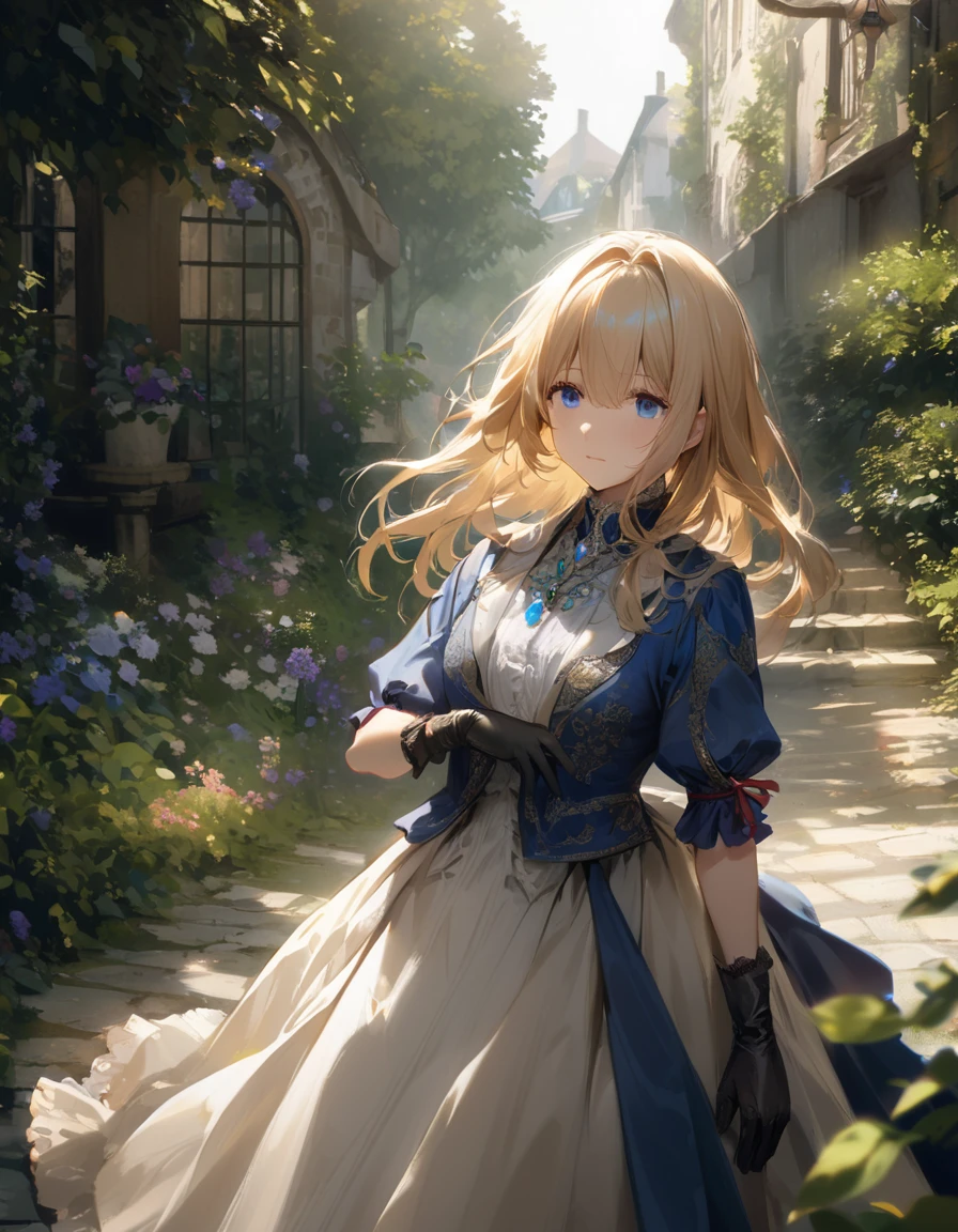 France in the 1890s。The main character of Violet Evergarden has blonde shoulder-length hair with a red ribbon.。She is wearing a classical aristocratic outfit based on ultramarine blue, with a white ribbon on her chest and an emerald necklace in the center.。On both arms, he wears long black leather gloves that reach up to his elbows.。She has very beautiful blue eyes。In the background you can see a slightly blurred French garden.。She always looks sad and lonely。Beautiful and realistic photos.。Walking far away。She is wearing a white flared skirt.。It's like a painting.。Vivid depiction。animation。