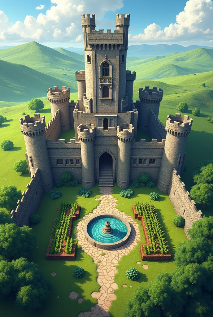 A Minecraft castle with green areas, a wall and a fountain a small crop area