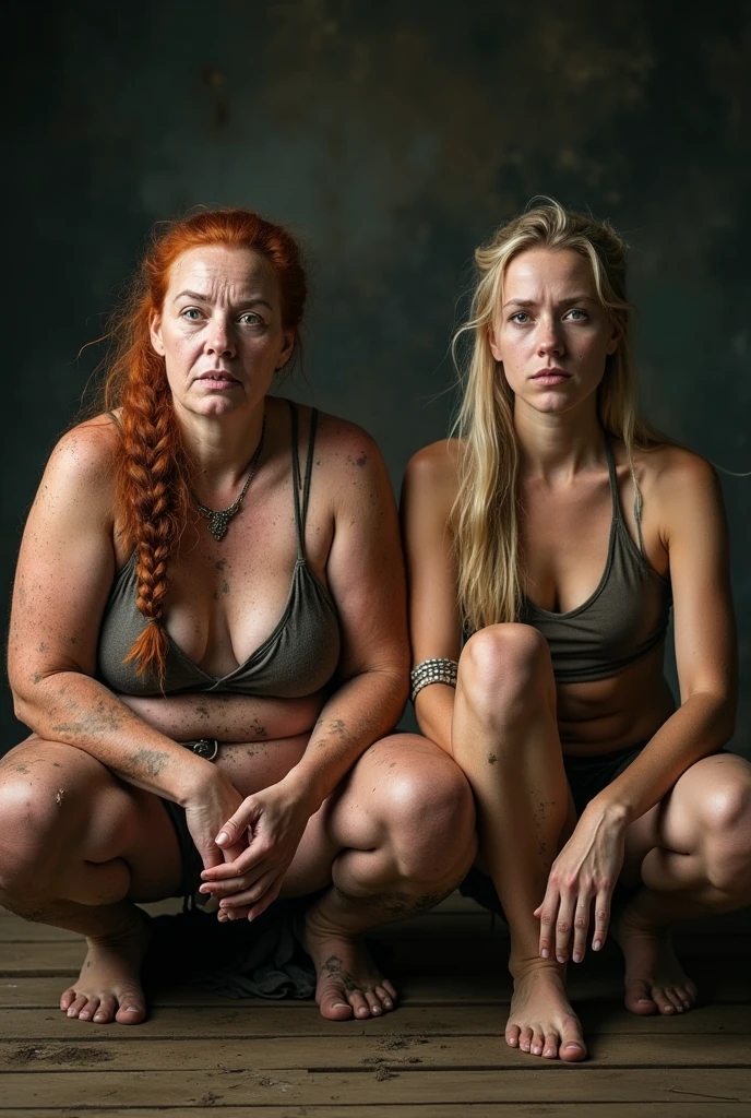 Photo visible feet of a open legs squatting barefoot old women, an 60-year-old chubby looking at the camera Viking woman, sitting on the floor alongside her 30-year-old lady barefoot looking at the camera. The mature has fair skin, large sagging breasts, a very muscular body, and a strikingly beautiful face with large green eyes and cracked lips. Her thick red hair is styled in a single braid. She appears dirty, covered in mud with scrapes and bruises, and is wearing a tight Viking bikini that is too small for her body, along with Viking accessories. The other lady is a fit and athletic 30-year-old Viking woman, is also barefoot, with fair skin, long blonde hair in a neat braid, and is similarly dirty with scrapes and bruises. She is wearing a tight Viking bikini that is too small for her body, complemented by Viking accessories. Her face shows sorrow and shame, with large green eyes and full lips. The image is visible feet open legs squatting captured in a high-quality studio setting with excellent lighting and details looking at the camera.