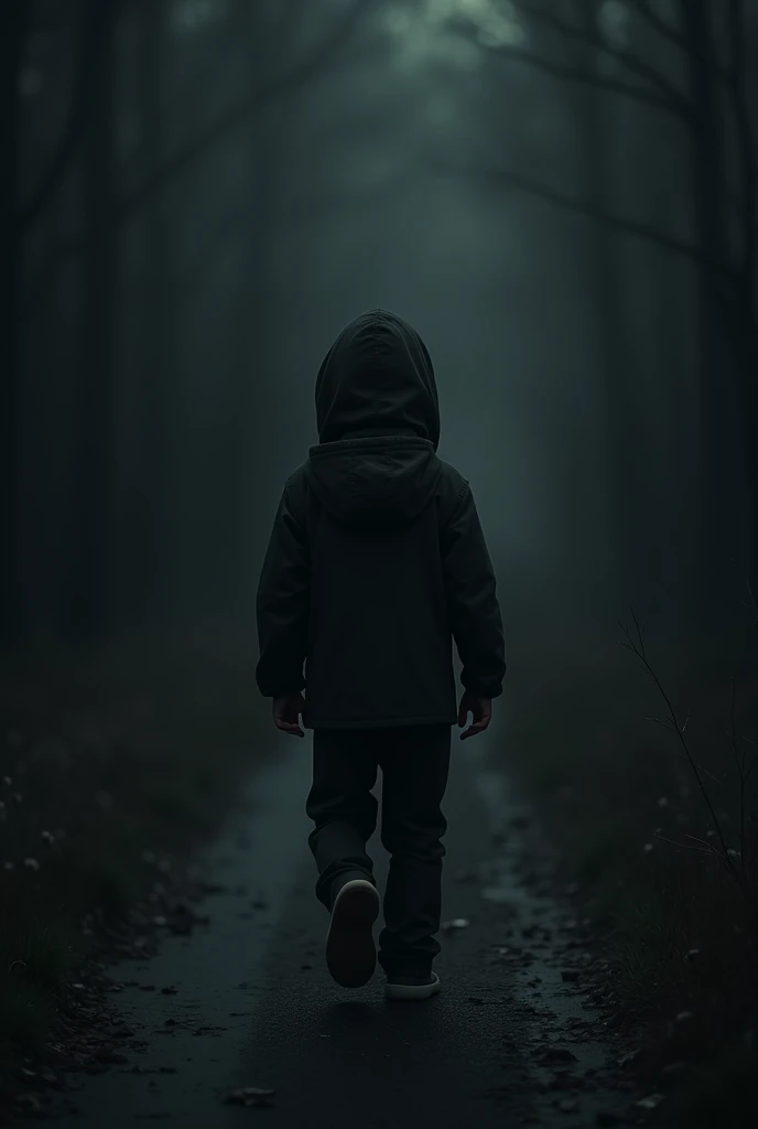 Hello, I need to generate an image of an  boy walking backwards in dark clothing and a black background.