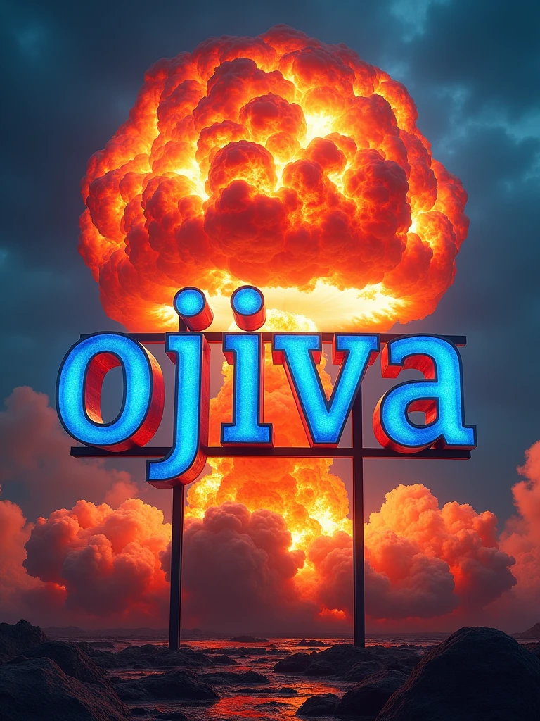 Logo with large sign with the message : "Ojiva" with a hyperrealistic image of an explosion and a superimposed luxury nuclear warhead with electric and vibrant colors, In the middle the logo says "Ojiva" in a letter fuente tipo chiller and orange flames of fire with blue tones