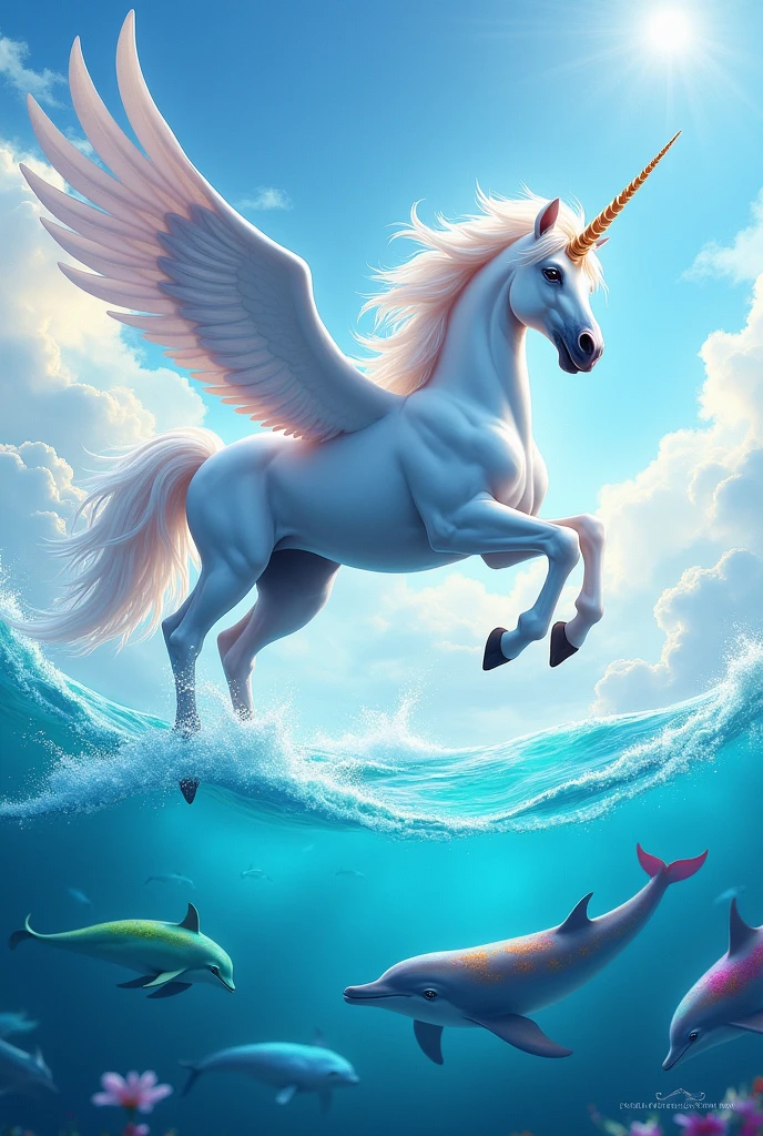 Unicorn flying above the sea with colorful dolphins 