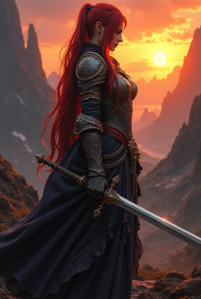 Create an image of a mystical warrior in a fantasy setting. She has long red hair, partially tied back, and is dressed in detailed and ornate medieval armor. The warrior holds a long sword with both hands, the blade pointing down, symbolizing strength and determination. The scene should be set at sunset, with dark mountains in the background and a dramatic sky with shades of orange and red. The lighting should highlight the figure of the warrior and highlight the details of the armor and sword..