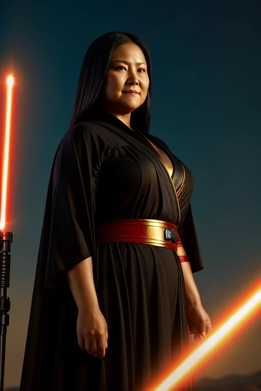 Medium shot. Chubby, fat and evil Keiko Fujimori 60 years old standing in a desolate Star Wars landscape, wearing a black and red Sith costume with short skirts. She is holding her lit red lightsaber in both hands and stand in a combat stance. The soft, warm light of the twin suns casts a glow on her face, contrasting with the dark veil of the surroundings. A subtle lens flare. A sharp focus on her face, amidst the faded and tattered robes. Warm, golden sunset background, warm golden tone, post-processed, live action, a masterpiece.Senos grandes, long pointy ears, evil smile,