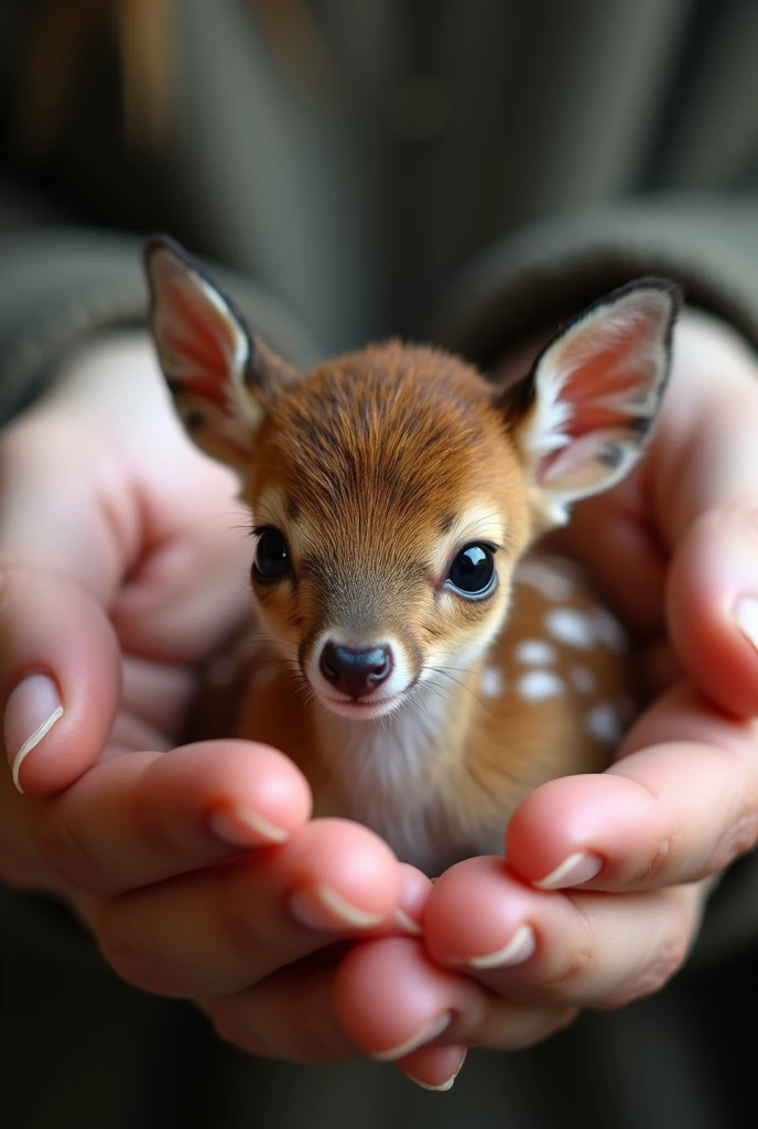 There is a small baby deer sitting in a person's hand, a tiny baby deer, a tiny animal, sitting on a finger, cute and cute, cute and cute, cute kitty, cute baby deer, the photo is very realistic, Very small, beautiful deer picture, just a neat little thing, cute little nose, beautiful and cute, beautiful creature, pretty cute, very detailed photo