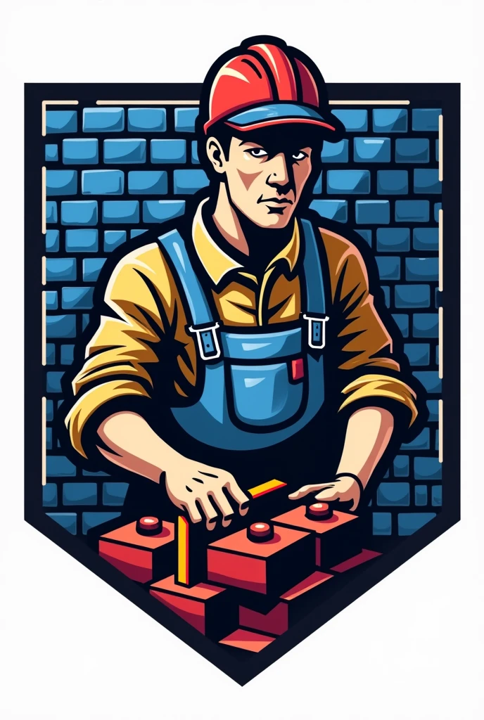 Football crest for a team called Manchester Bricks that includes bricks, a mason, a T-square and whether it is black or blue