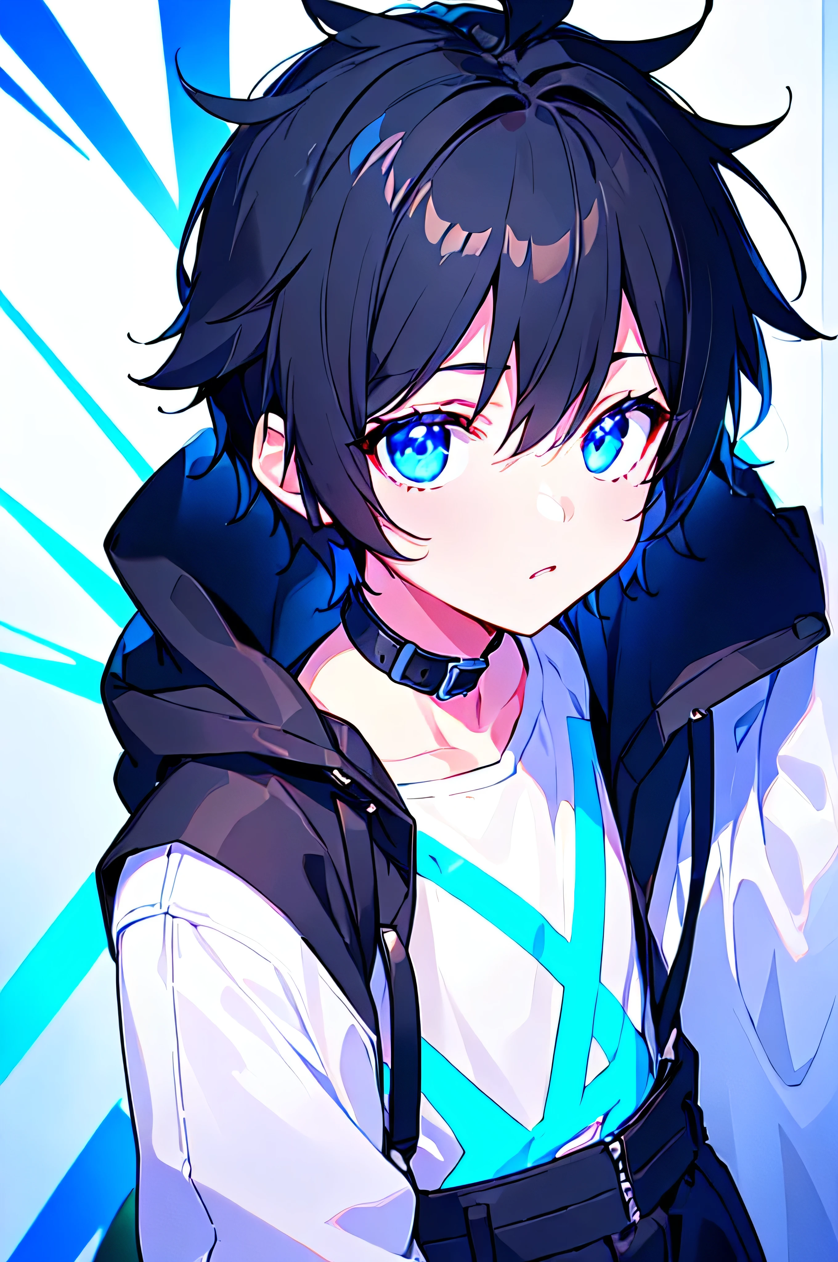 [(WHITE BACKGROUND:1.5),::5], ((((masterpiece)))), high quality, ultra_very_high_resolution, large_filesize, upper body, (blue base), full color, ((solo)), (()), (((black short hair))), blue eyes, anime, neon light, black parka,