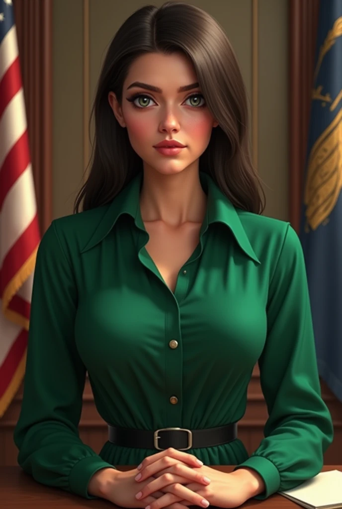 I want to create a female councilor in a leadership position. She is white, has the green blouse, your hair is straight and black
