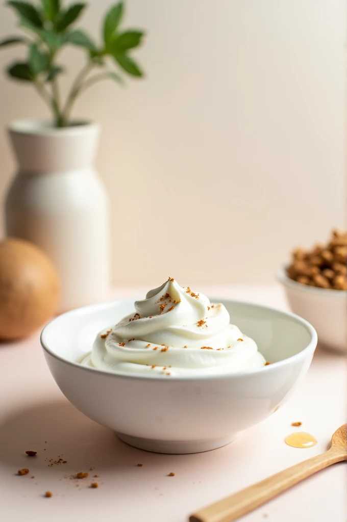 Make me some Greek yogurt, with a pleasant background to the eye, where yogurt is highlighted