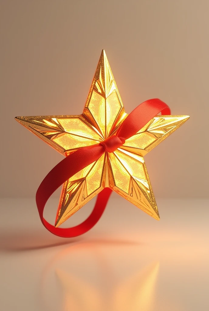 A small golden Star with red ribbon on it