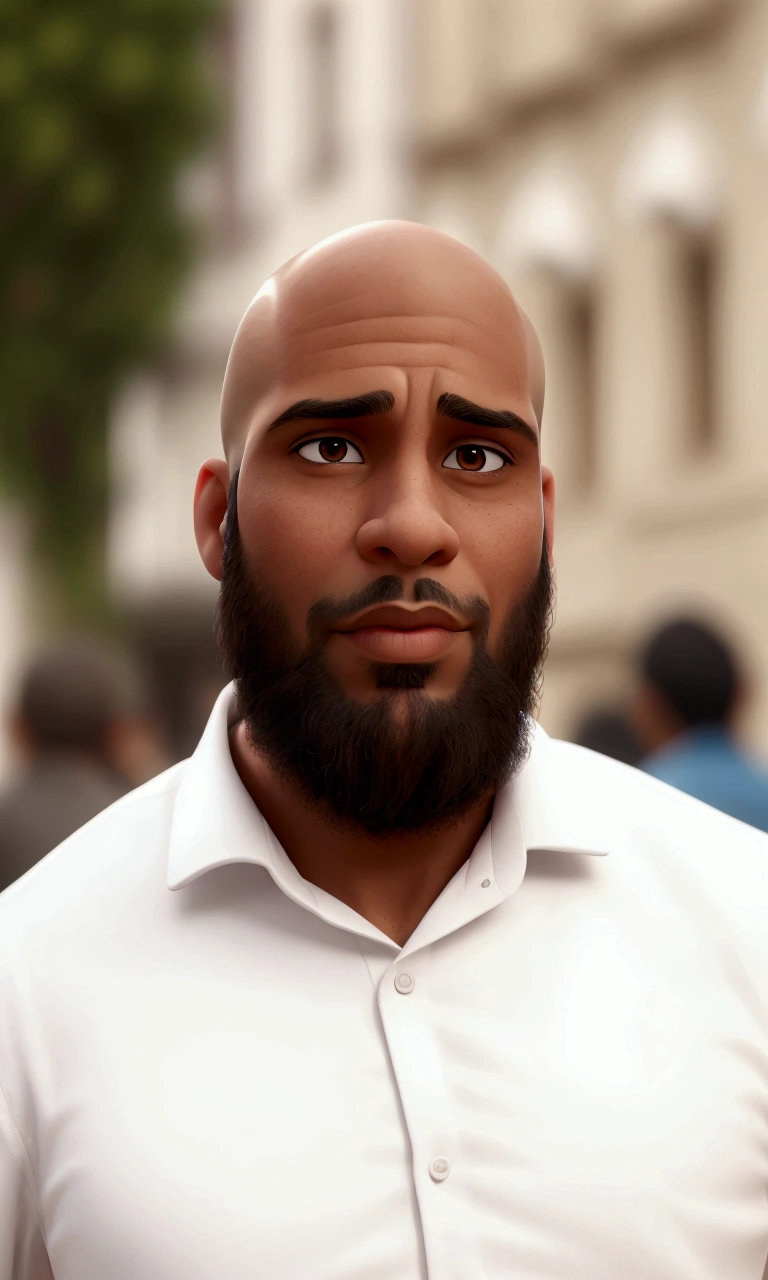 A bald handsome brown man wearing a white shirt