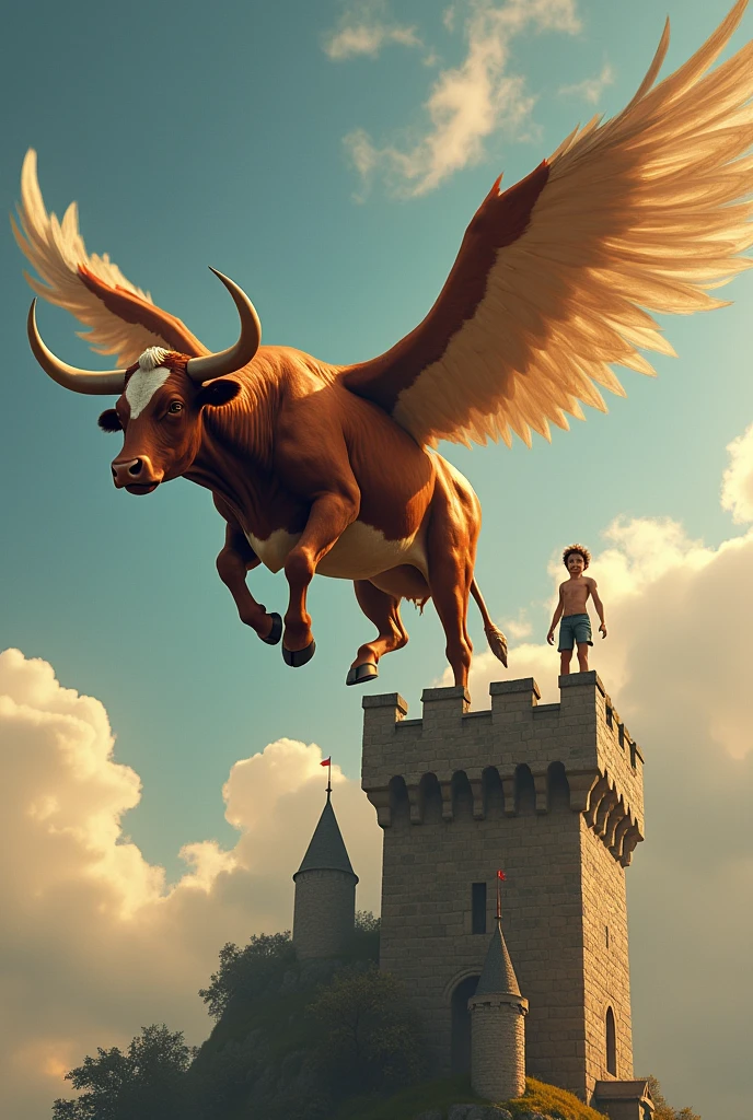 Draw a cow with wings flying in front of a scared boy who is at the top of a tower