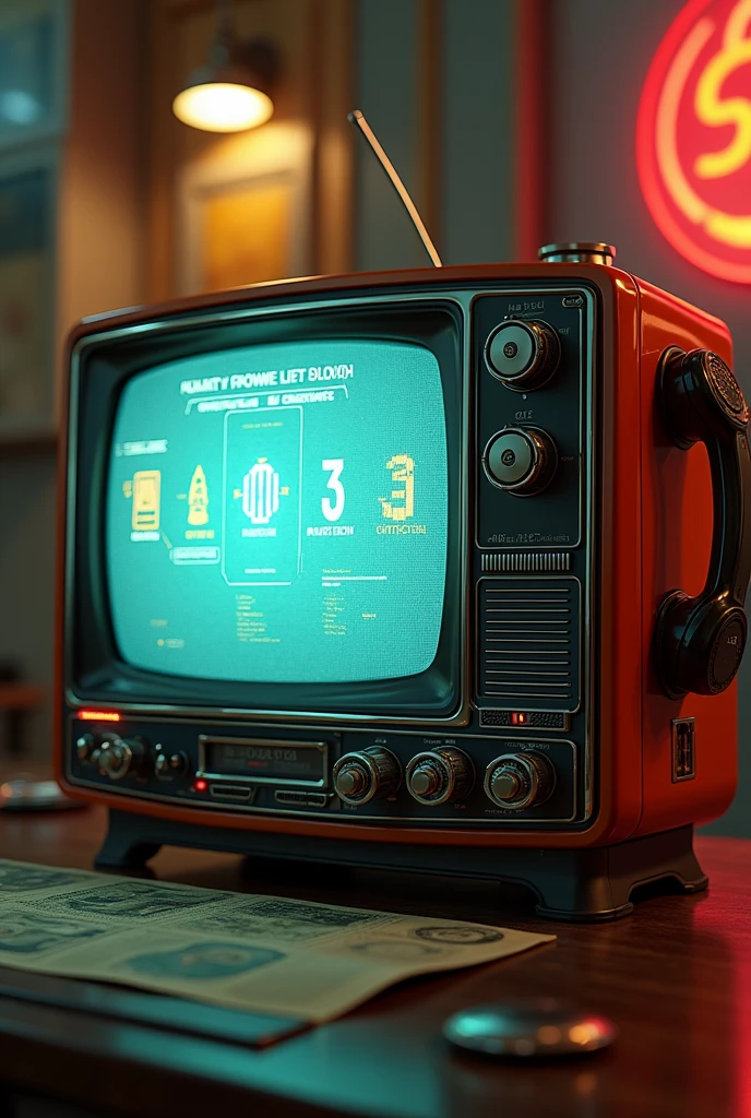 A TV with an analog phone handset and built-in internet. The design of TVs from the 1950s, but with a large screen and high resolution. The control is done using buttons and knobs, but the screen interface has the functions of modern smart TVs. Fallout 4 style. Cinematic environment, high detail, dynamic lighting, concept art, 8k, sharp focus, sharp contours, masterpiece.