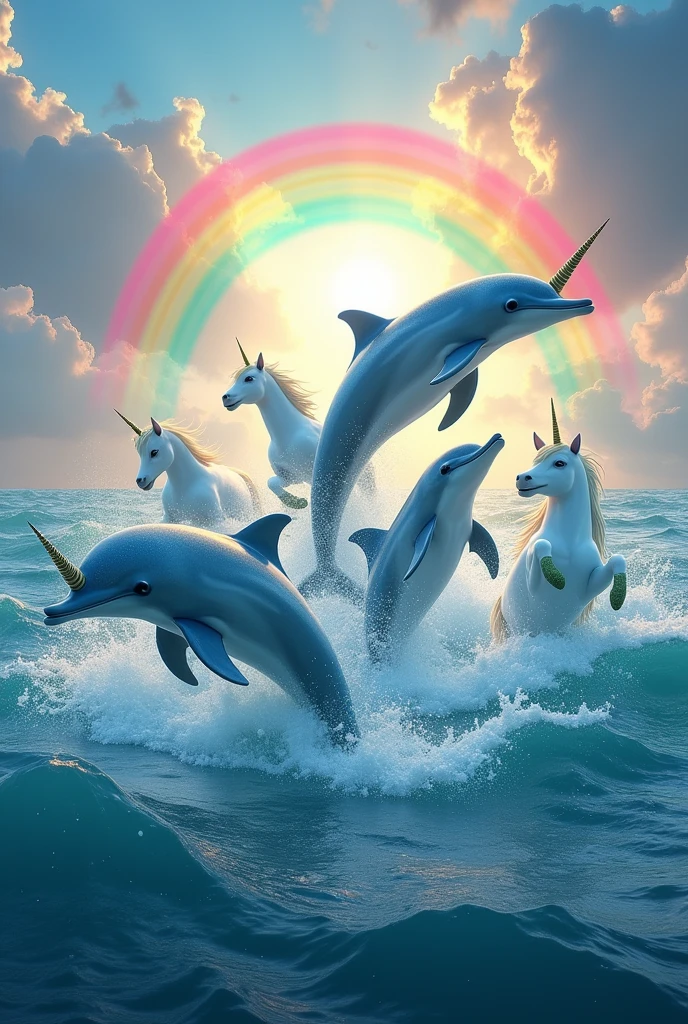 I want some dolphins to come out with lots of rainbows and several unicorns 