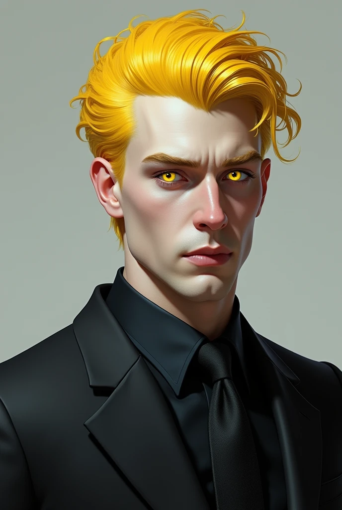 Realistic white man with yellow hair and yellow eyes and black suit