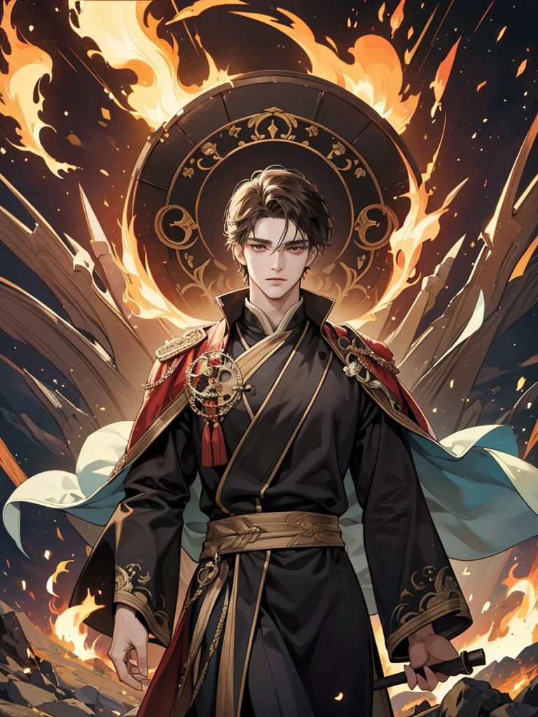 Create an image of Dergan, the eldest brother from the Dravaryn clan, specifically from the Firebreathers clan. Dergan is a 2 human with a slim and toned build, standing at 178 cm tall. He has short, dark brown hair styled in a fashionable manner. His eyes are expressive, with a hint of mystery, reflecting his enigmatic and introspective nature.

Dergan wears elegant, flowing robes associated with the Dragon clans, which should be designed to highlight his connection to fire magic. The robes should be ornate and stylish, with elements that evoke flames and heat, such as fiery patterns or accents. His overall aura should be enigmatic with a touch of vulnerability.

Dergan's abilities to control and manipulate fire should be evident, perhaps through visual effects such as subtle flames or a glowing aura around him. The style should be webtoon-inspired, with a focus on capturing his K-pop idol reference in a trendy and fashionable manner.

Dergan’s personality is loving yet bossy, and he has a strong sense of devotion to his brothers. The image should reflect his introverted and observant nature while also showing his commanding presence and warmth.