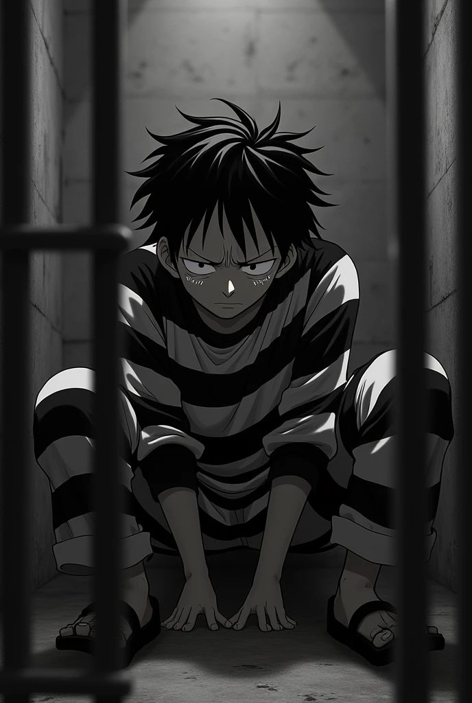 Monkey D. Luffy in a black and white striped long sleeve prison uniform with his eyes closed and crying inside a prison 