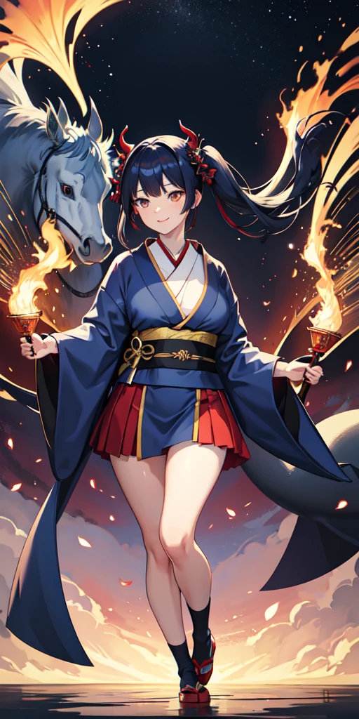 1 person,woman,Navy blue kimono, Twin tails ,Navy Blue Hair,Big Red Dragon,Blue Flame, wallpaper, landscape,Depth of written boundary, night, Particles of light, light, Side light, Thighs, Horse Girl,****, Red light armor,White mini skirt, White knee socks, cloud,Gaze, smiling, Large Breasts, Holding a Japanese sword,Golden Eyes,