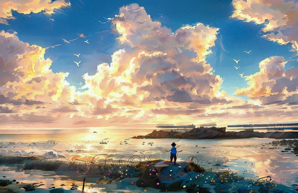 A serene sunrise beach scene. A woman with fair skin and her hair neatly tied in a high bun, dressed in a pink spaghetti strap top and knee-length blue leggings, is sitting on the sand in a meditative yoga pose, facing the vast ocean. The early morning sun, visible in the distance, casts a gentle golden glow on the calm waves. Behind her, a young boy plays with sand. Next to her, there is a small woven basket with a bouquet of white baby's breath flowers, a notebook, and a straw hat. In the background, green mountains line the horizon, with a few seagulls flying gracefully in the sky above the sea. The image is aspect ratio, capturing the full expanse of the beach and the sunlight reflecting off the water.