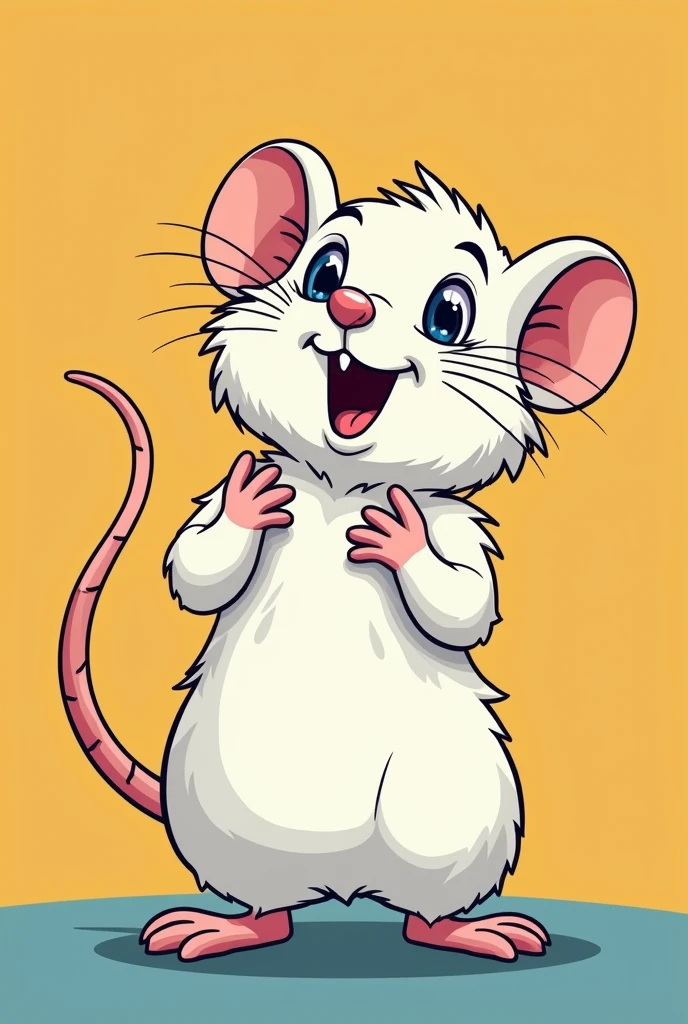 Camera viewing angle 45 degrees from above distance to object 2.50 meters It should be depicted a 25 centimetres tall white rat using comic design
