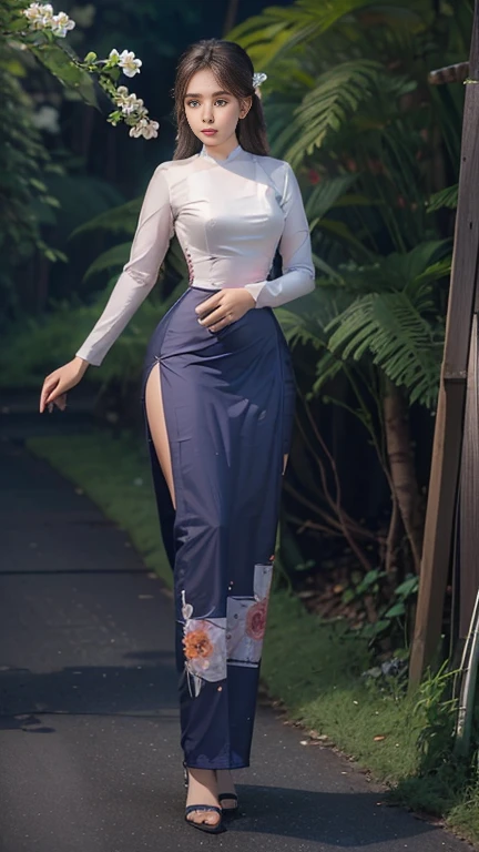 Attractive curvy full body Myanmar girl./ high hips / big hips / wide hips, not thin / thin / full body, full body suit of friends. ((Mostly colored silk dress)) A long dress painted with reflective flowers. A single outfit. ((full body))hi gh hips High resolution image Nature background High resolution HD 3D, 8K animated anim