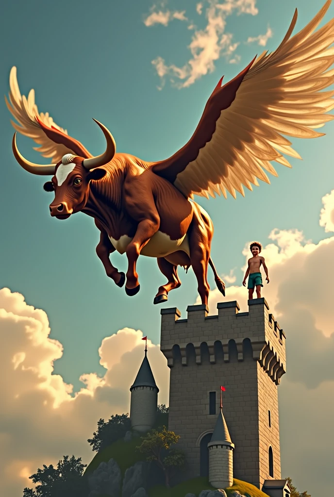 Draw a cow with wings flying in front of a scared boy who is at the top of a tower 