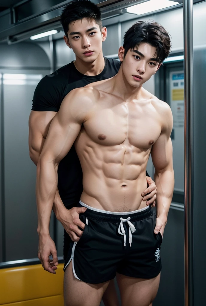 Image of two masculine men jin and yan in an empty metro train, (jin is a handsome 20 year old korean bodybuilder man with cute face, medium height, wearing tight booty shorts, perfect facial features, well defined muscles, perfect bare body, pale skin, sexy gaze, looking at the viewers), (yan is a tall handsome 30 years old horney Korean man, wearing tight booty shorts, perfect facial features, well defined muscles, perfect bare body, pale skin, sexy gaze, looking at the viewers), (jin is standing in front of yan with shocked expression while yan is hugging jin from back, yan's one hand is on jin's stomach and another hand is in jin's shorts grabbing his crotch), facing the camera, sexy, gay, homoerotic, cinematic lighting, cinematic shadows, full body, fill frame, highly detailed, intricate details, photorealistic, sharp focus