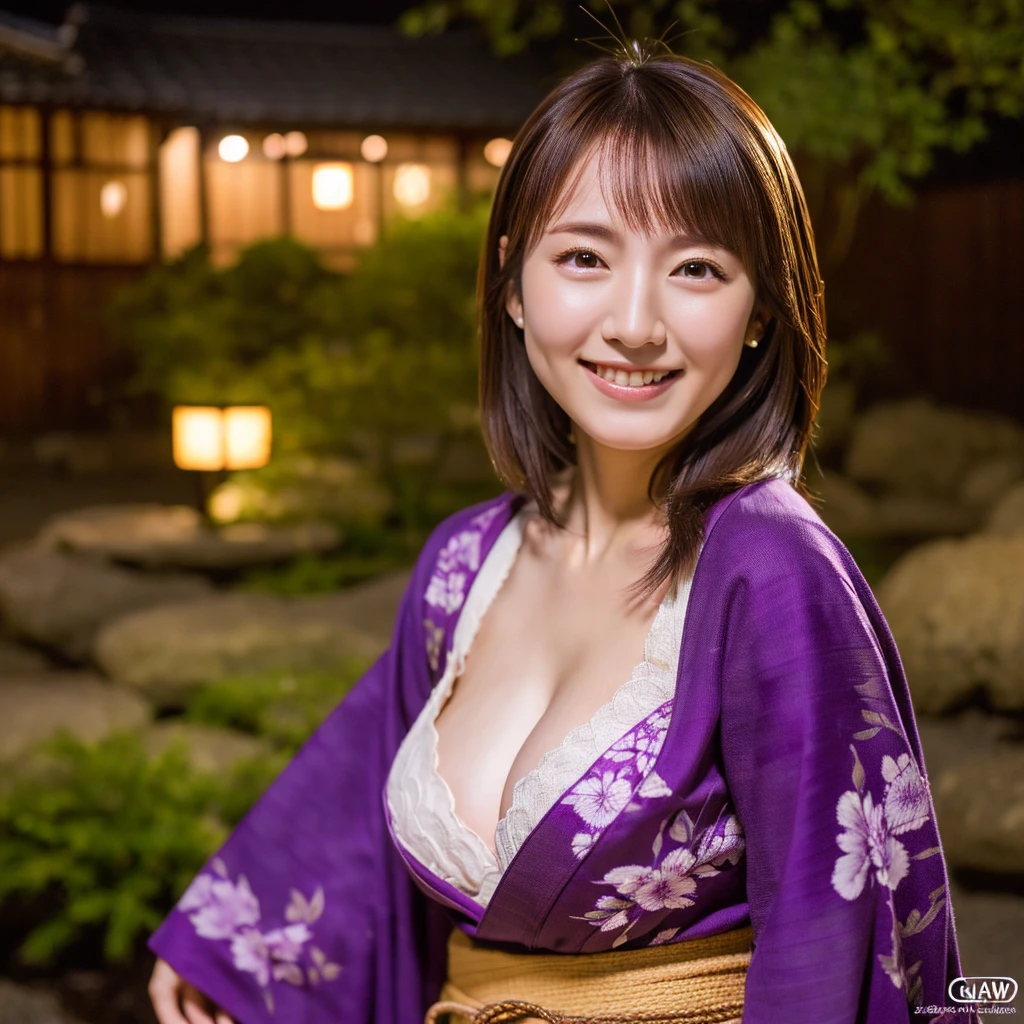  High resolution, masterpiece, 最high quality, Very detailed, high quality, Textured skin,  Brown Hair, Natural smile,far and near method, Japanese garden,night,Cinematic lighting, Yoshioka Riho,Hakama,Purple kimono,Large Breasts, E-cup,Background blur, raw,Professional Photography,