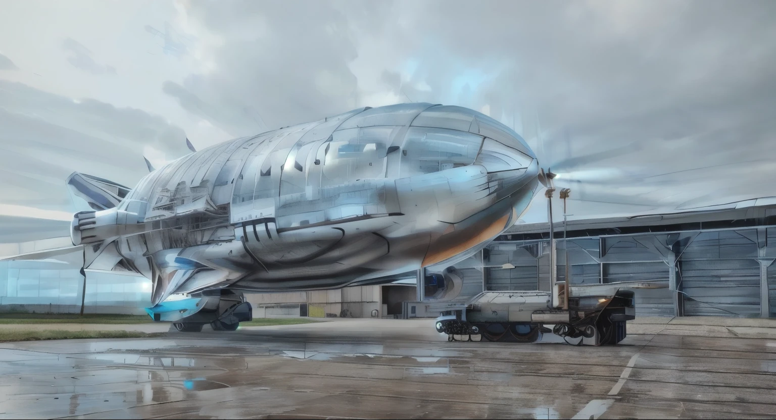 GlassSteelAI photorealistic giant airship parked in front of a hangar with a truck,