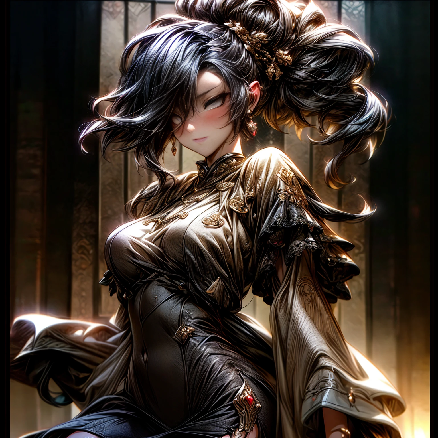 (best quality)), ((Masterpiece)), (details:1.4), 3d, HDR (high dynamic range), an image of a beautiful cyberpunk female, medieval, Black hair, High ponytail, Full body, Beautiful white eyes, จมูกโด่ง, ปากแดง, หน้าอกใหญ่, nvidia RTX, PBR surface, After processing, Anisotropic filtration,depth of field, Maximum clarity and clarity, multi-layered surface, Subsurface scattering, perfect proportions, 8K raw files, ultra detailed, Perfect proportions, volumetric lighting, soft lighting, Holy Paldin, Heavy Golden Armor, Golden dress, glossy skin, intricate Silver embroidery, Castle background, jewely, ต่างหู, นิ้วมือสมบูรณ์, mini Red skirt,
