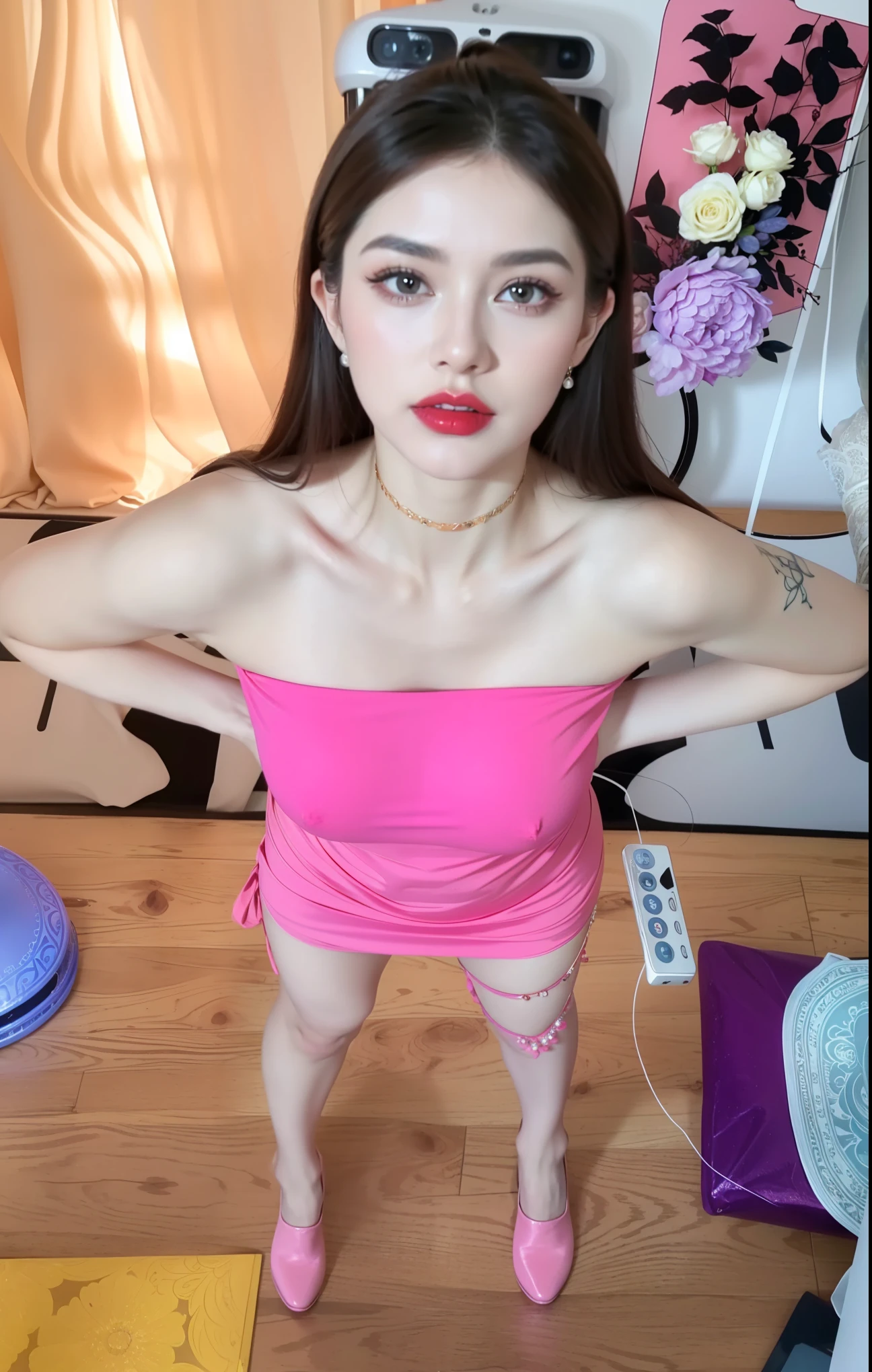 Royal princess,Extremely detailed, Delicate face, Stock Photography , Portrait 400, F1 Camera Lens.6, rich and colorful, Surrealism, Realistic textures, Dramatic Lighting, Thin Film Distiller 800 (8K, original photo, Better quality, masterpiece: 1.2), Extremely detailed, (Extremely delicate skin: 1.2), 8K ultra high definition, SLR camera, Soft Light, high quality.Fire Queen,Blue pupils,Wear red lipstick,Have a tattoo,The tattoo is very three-dimensional,Gorgeous and intricate tattoo designs,Dark eyeshadow,y thick lips(Red lipstick),Gorgeous pearl and gemstone decoration,Cleopatra wore jewelry made of gold and precious stones.,The stunning Queen,bresymmetrical,Wear pink high heel boots,Put your hands behind your back