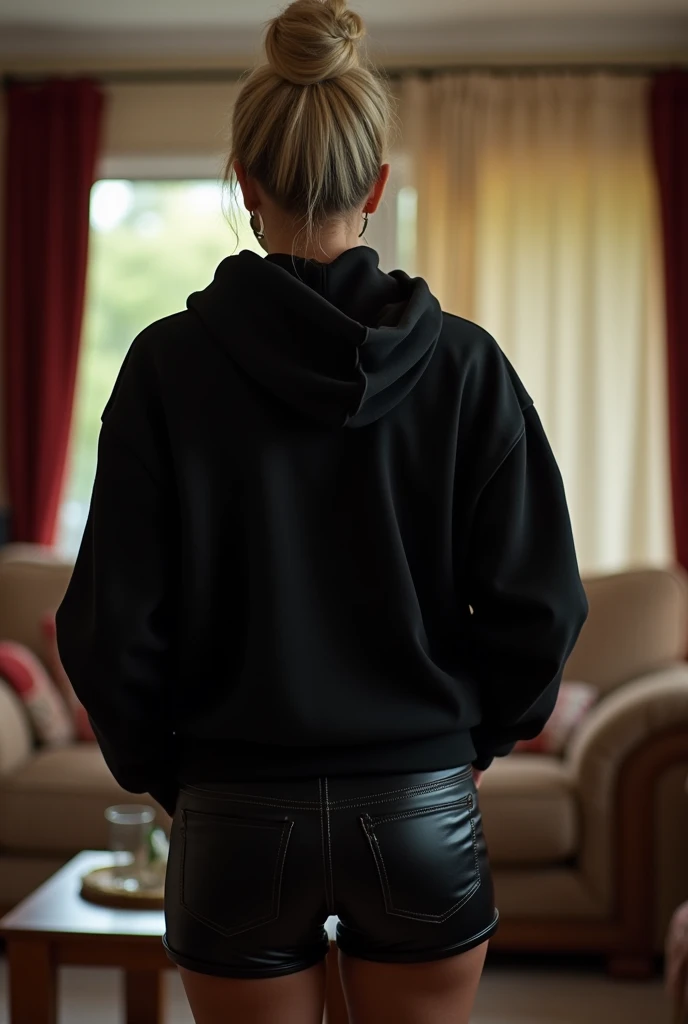 black woman hair in a bun black hoodie black leather short shorts getting fucked in the ass by a old age white grandma in a dress in a living room         backside view
