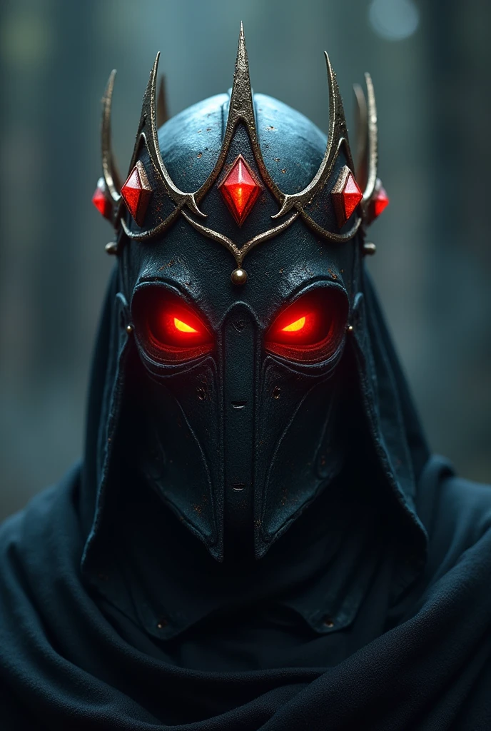 create a helmet with a crown embedded in the same helmet in the crown three diamonds, red eyes, in a dark and gloomy style in a tone between cold and warm