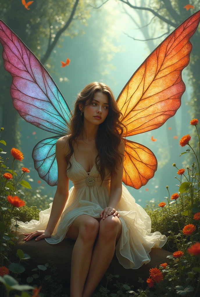 A woman with butterfly wings, Beautiful detailed eyes, Vibrant colors, Exquisite features, posing elegantly, Ethereal lighting, Fantasy artwork, A high resolution, Vivid colors, Magical atmosphere, style of surrealism, dreamlike landscapes, Soft focus, whimsical details, floating dress, fluttering butterflies, enchanting Garden, mesmerizing beauty.