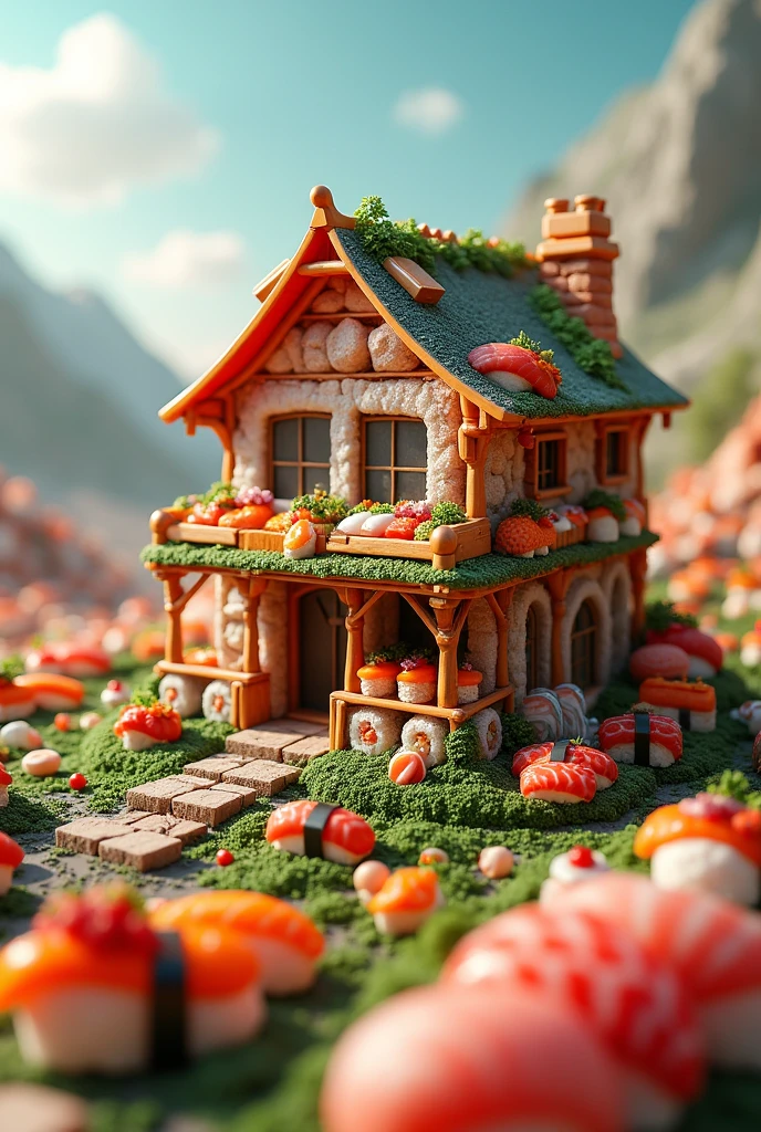 ((masterpiece, 8K, best quality, 8K, super realistic, high resolution:1.3)), casa feita de sushi, mundo de sushi, mudo de sashimi