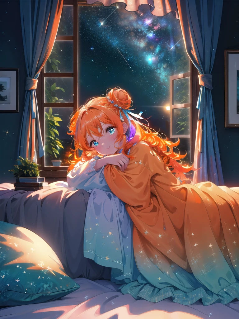 ((8k, highest quality, masterpiece: 1.3)), ultra high resolution, ( girl, alone), (color changing eyes, super detailed, expressive glow, sparkling, glowing eyes), (highly detailed eyes, cyan: 1.1), highly detailed face, half bun, (long curly hair: 1.2), (downturned eyes), ((hair color, deep orange:1.2)), flower in bun, (ecstatic expression: 1.2) white skin, loose loungewear, relaxed posture, (bedside at home, dim: 1.1), starry sky outside the window, random angles