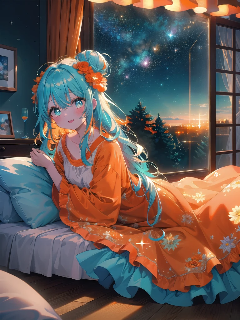((8k, highest quality, masterpiece: 1.3)), ultra high resolution, ( girl, alone), (color changing eyes, super detailed, expressive glow, sparkling, glowing eyes), (highly detailed eyes, cyan: 1.1), highly detailed face, half bun, (long curly hair: 1.2), (downturned eyes), ((hair color, deep orange:1.2)), flower in bun, (ecstatic expression: 1.2) white skin, loose loungewear, relaxed posture, (bedside at home, dim: 1.1), starry sky outside the window, random angles