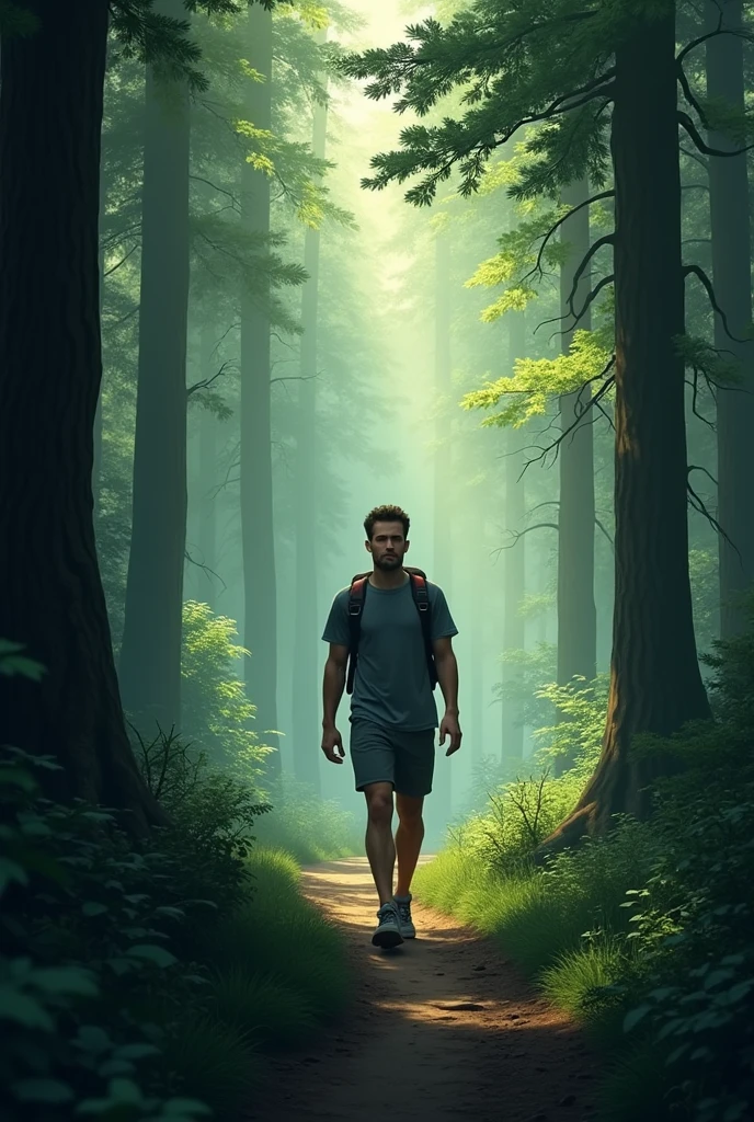 Un homme, Max, pas de barbe.marche sur un sentier étroit et sinueux dans la forêt. Les arbres forment un tunnel de feuillage, et la lumière du jour diminue, laissant place à une brume légère qui commence à se lever.
