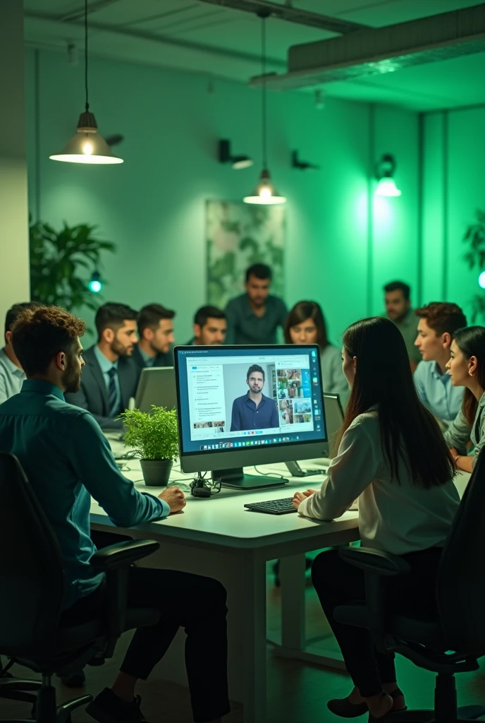 Give me a realistic picture of people accessing a webinar with experts to access a test (uses green tones)
