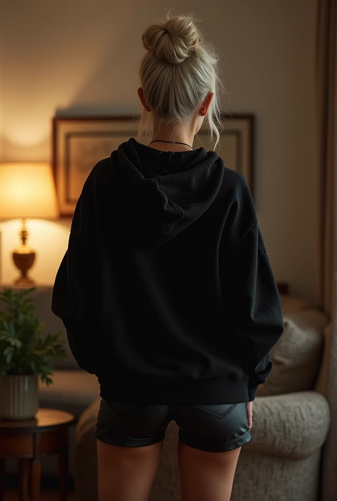 black woman hair in a bun black hoodie black leather short shorts getting fucked in the ass by a old age white grandma in a dress in a living room backside view