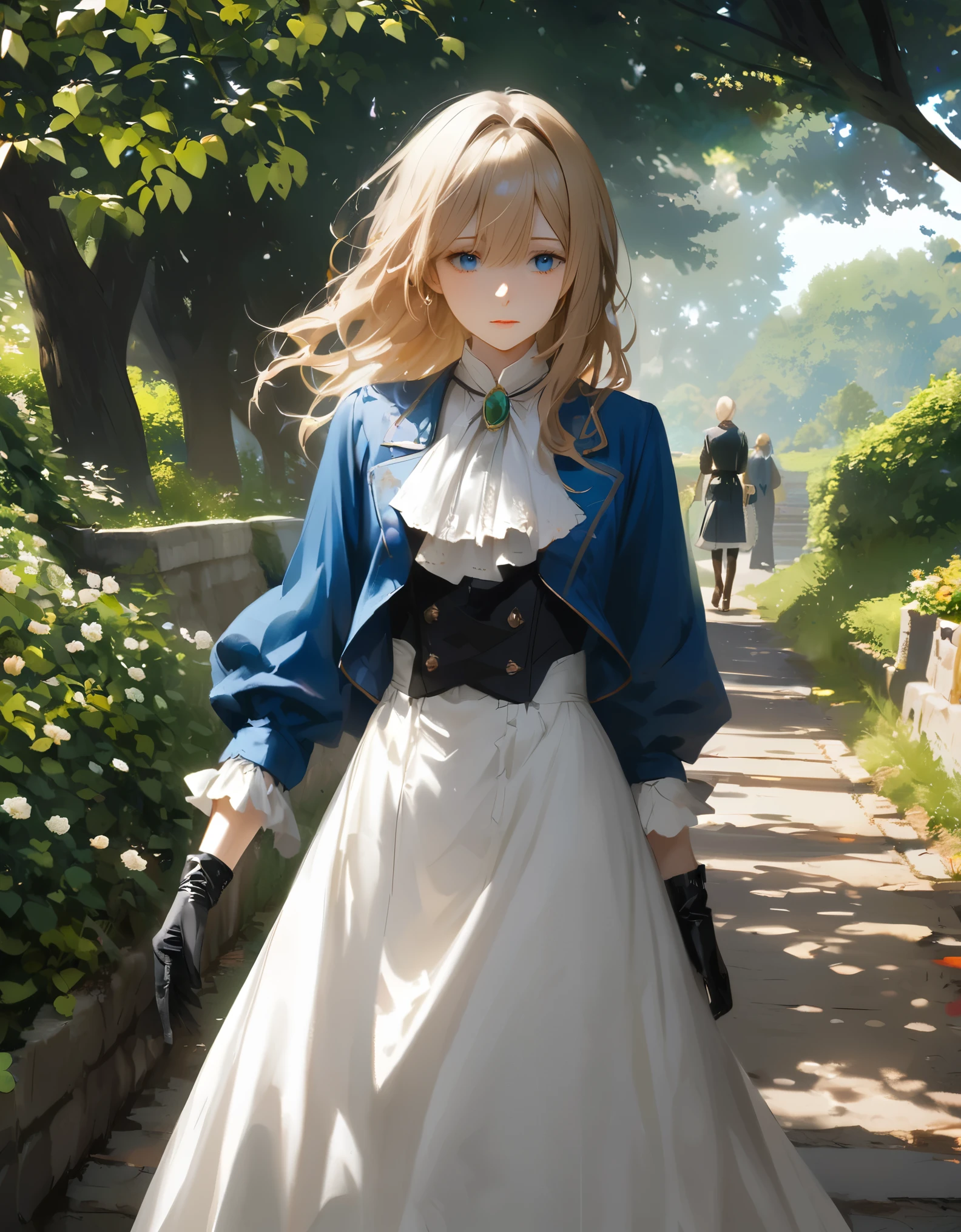 France in the 1890s。The main character of Violet Evergarden has blonde shoulder-length hair with a red ribbon.。She is wearing a classical aristocratic outfit based on ultramarine blue, with a white ribbon on her chest and an emerald necklace in the center.。On both arms, he wears long black leather gloves that reach up to his elbows.。She has very beautiful blue eyes。In the background you can see a slightly blurred French garden.。She always looks sad and lonely。Beautiful and realistic photos.。Walking far away。She is wearing a white flared skirt.。It's like a painting.。