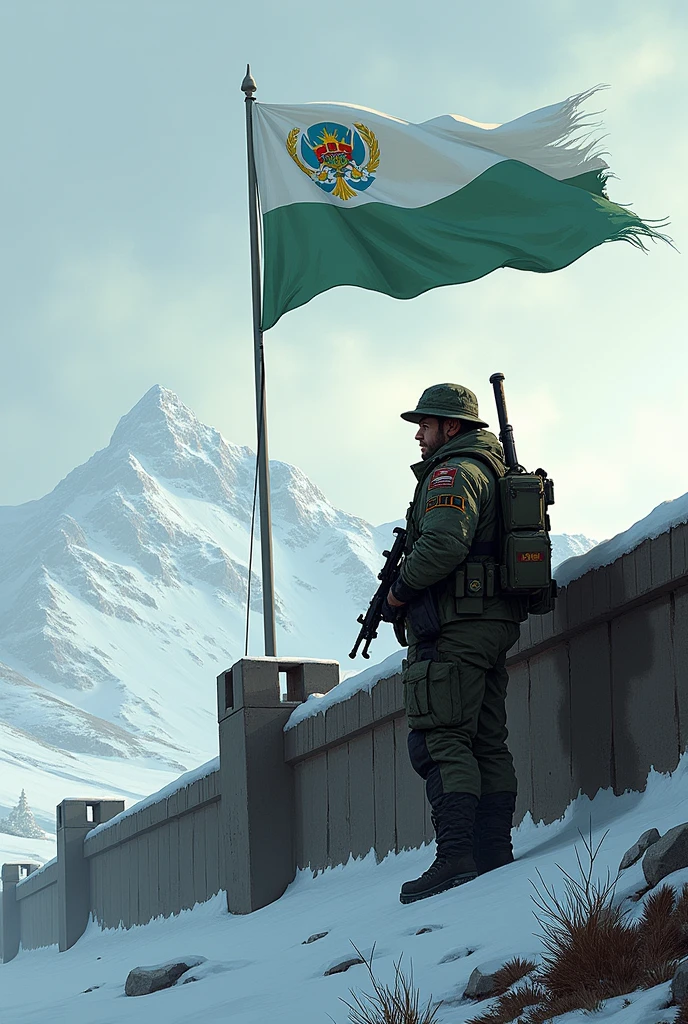 Create an art of a soldier of the Siberian Republic in a defensive fortification to protect its border with a flag. The flag consists of two colors: White and Green.. White is on top and Green is on the bottom.