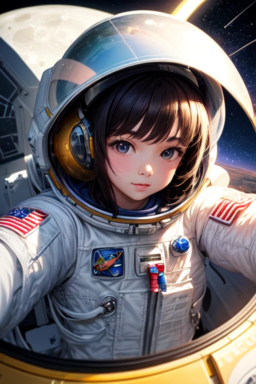 ((best quality)), ((masterpiece)), (detailed), 1girl,.Age20,Astronaut, space,Astronaut helmet,.In rocket, moon background