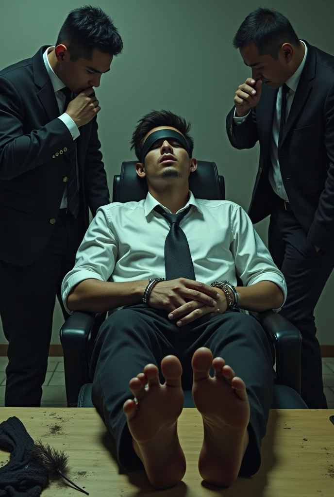 Malaysia malay handsome 23years student
He fainted
Smelly feet
His hand handcuff in abondon warehouse
Blindfolded
handcuff
Formal Outfit
Focus sweaty hot feet on desk
feather duster on desk
Dirty Black sock on desk
2 mafia pinch nose