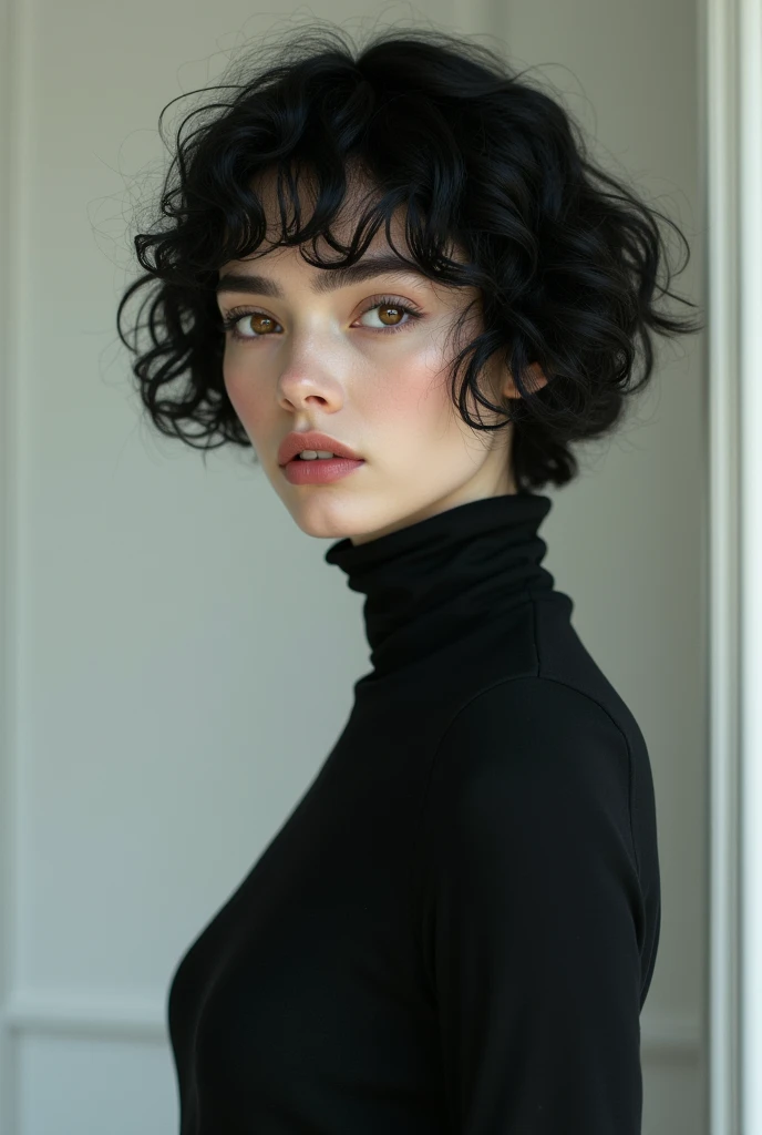 Tall girl with short curly black hair and hazel eyes and androgynous