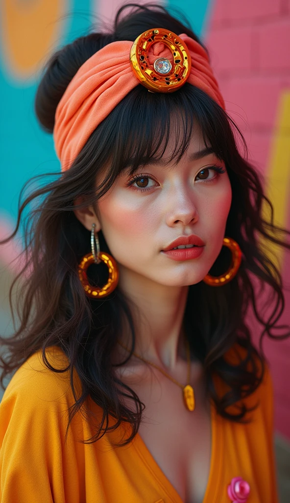 80s style woman with a fabric headband with a plastic accessory ring located in the middle, with earrings and hoop necklace of the same plastic material. The woman's hair is loose and brushed with a flat iron..