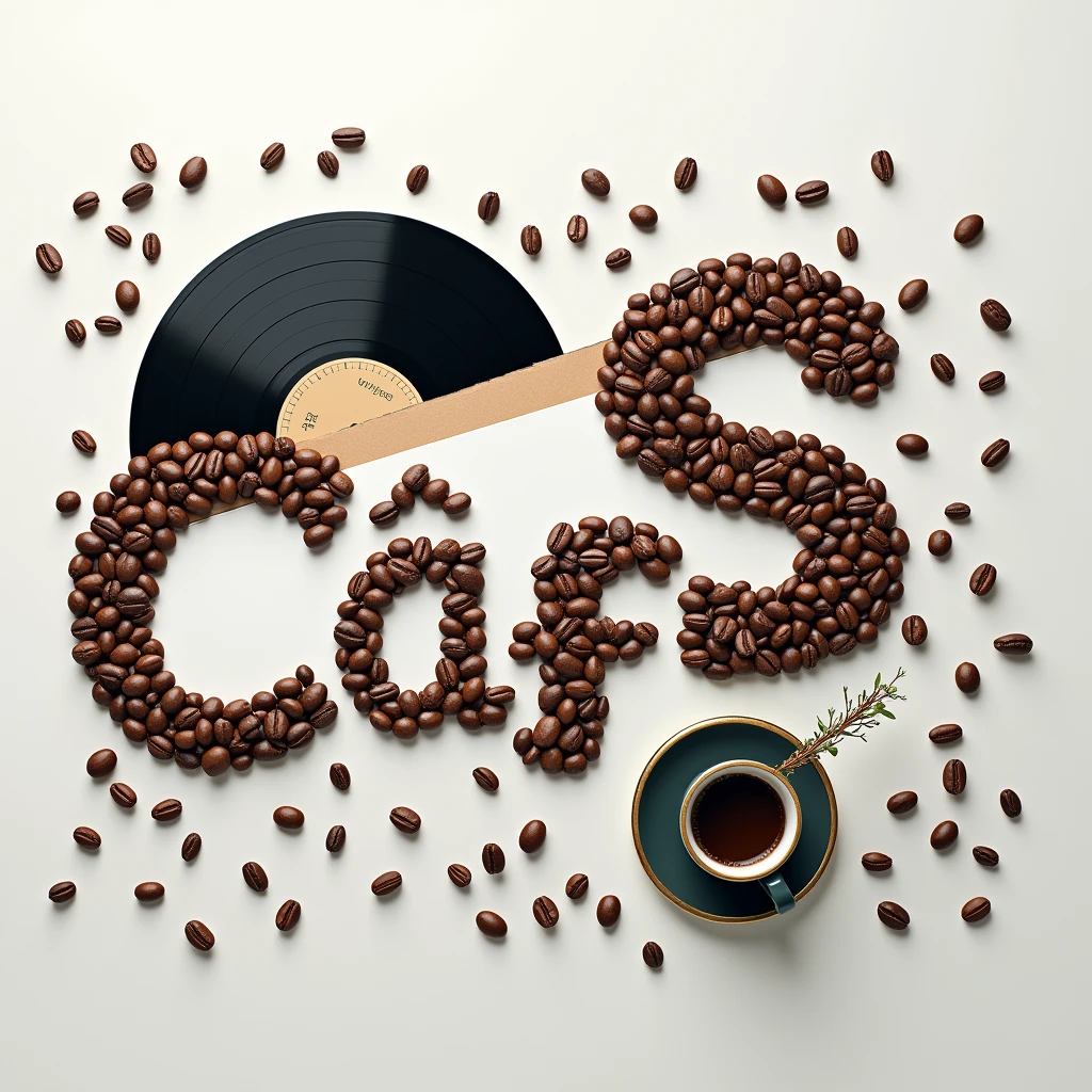 Create a playlist cover, Top down view, Coffe beans arranged to display the word "CS Cafe" and make exactly sure its exactly CS Cafe, make clear its about music so add some vinyl discs or something, make sure its a computer science cafe